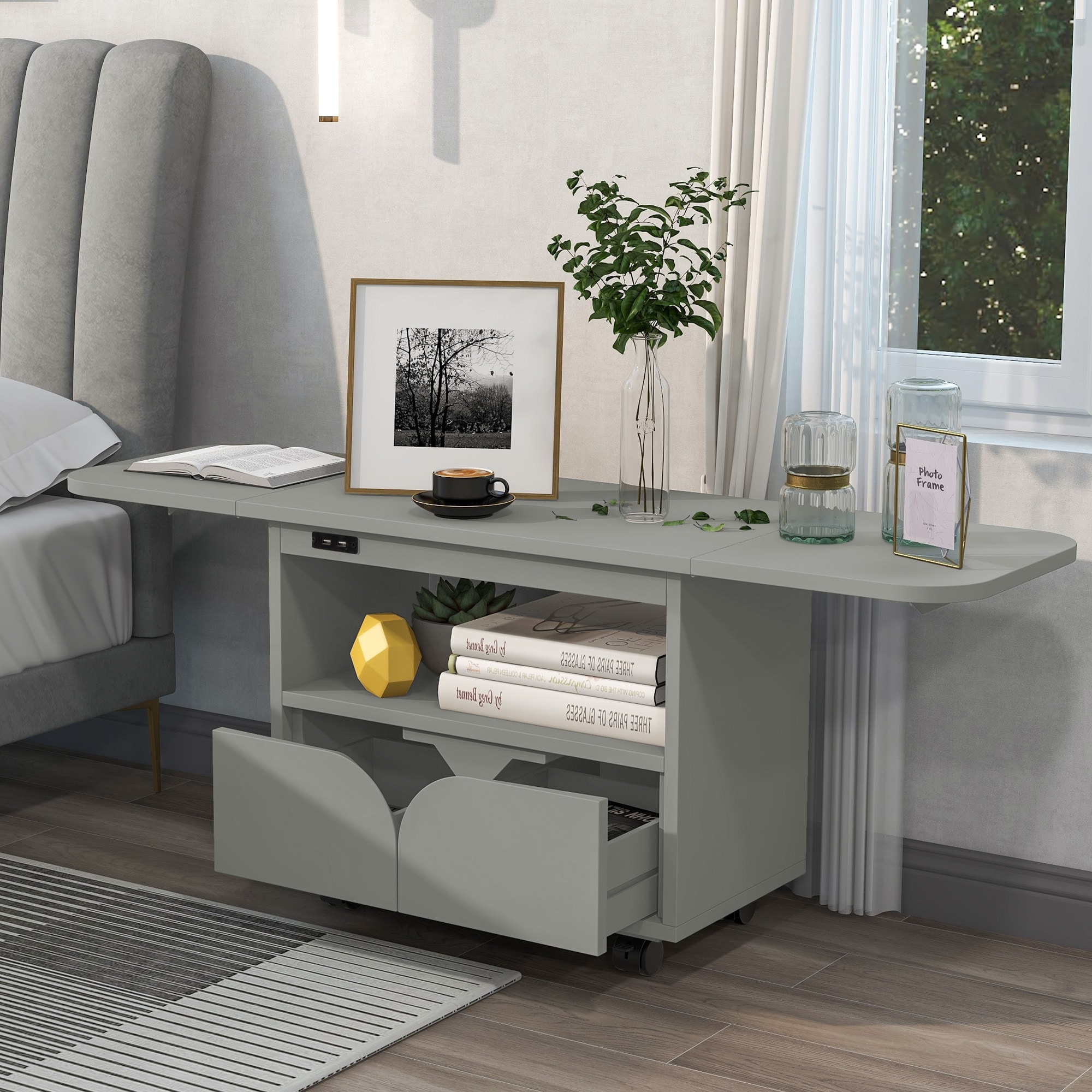 Foldable Bedroom Nightstand with 2 Drawers USB Charging Design