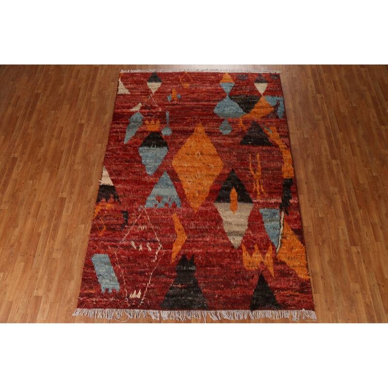 Hand Knotted Oriental 100% Wool Carpet Modern Tribal Red Moroccan Area Rug - 9' 9'' X 6' 10''