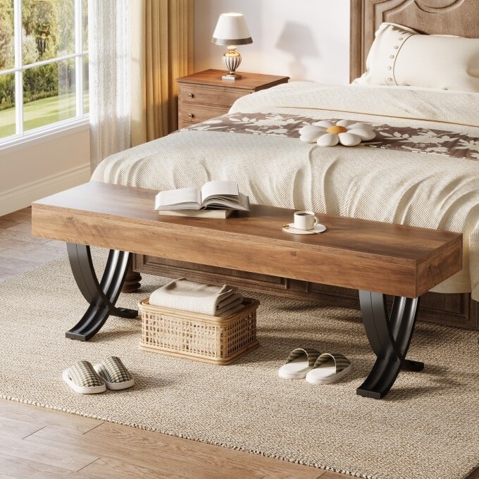 55-Inch Entryway Shoe Bench, Industrial Long End of Bed Bench