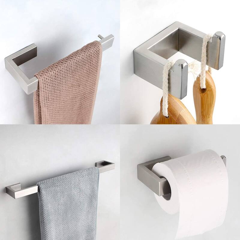 Interbath 4-Piece Bath Hardware Set with Towel Bar, Robe hook, Toilet Paper Holder and hand towel holder - Brushed Nickel