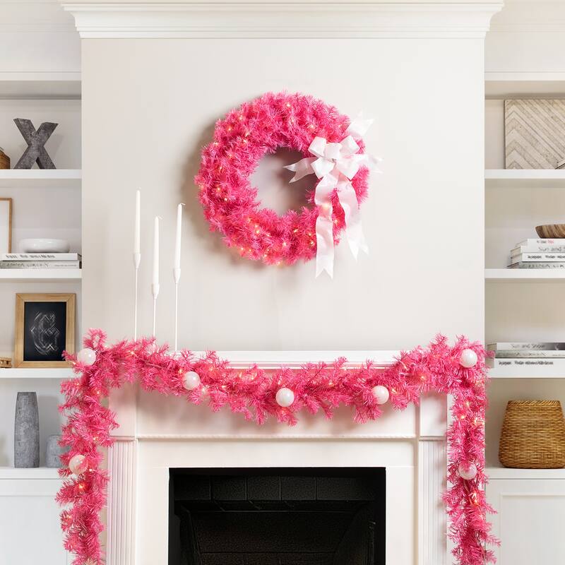 Pre-Lit Artificial Tinsel Christmas Garland - 9' x 8" - Pink - Clear Lights