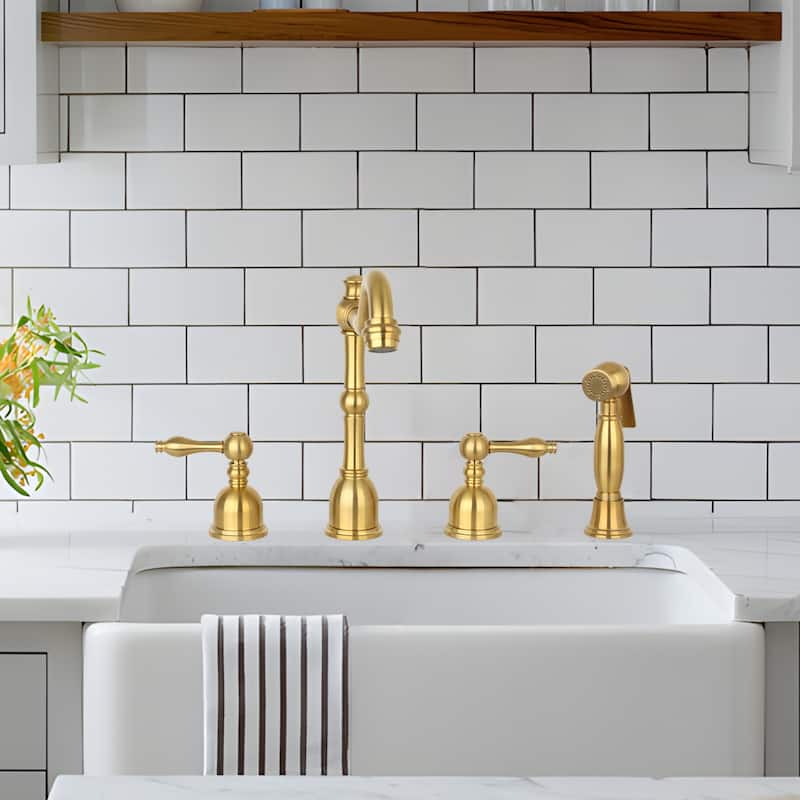 Two-Handles Widespread Kitchen Faucet with Side Sprayer- Brushed Gold