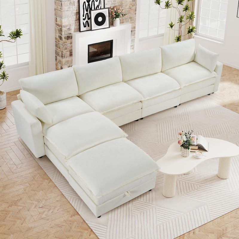 Modular Sectional Sofa for Living Room, U-Shaped Sofa Couch with Corduroy Fabric, 3/4 Seat Oversized Couch with Movable Ottoman