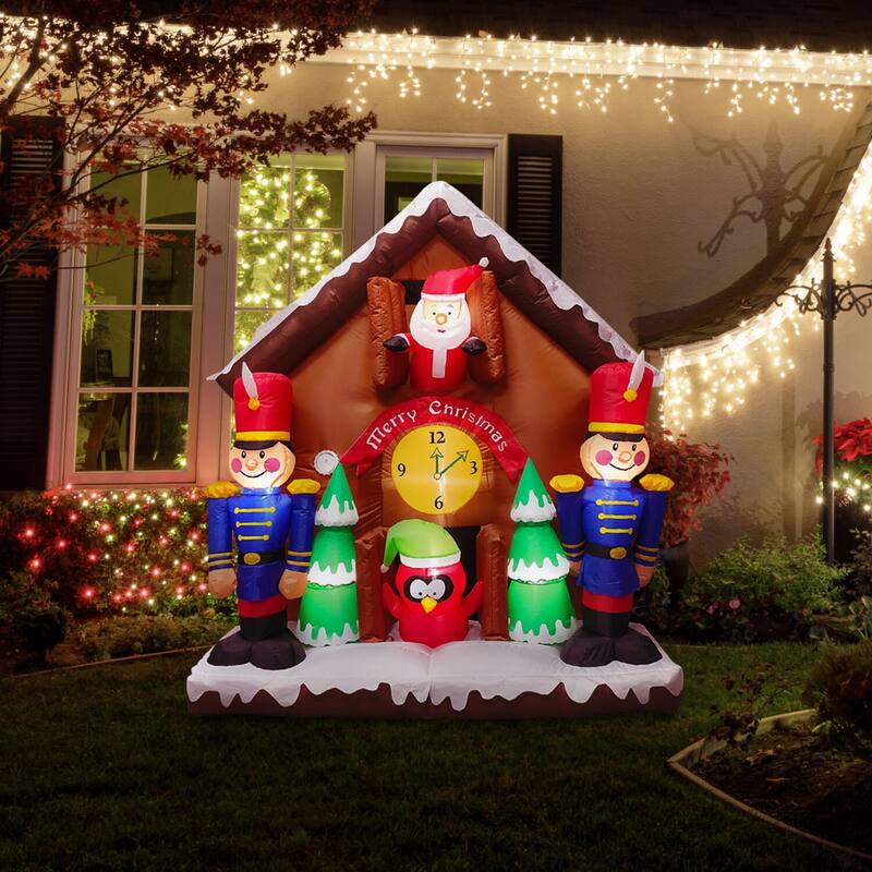 Fraser Hill Farm 6-Ft. Tall Prelit Santa Nutcracker Cuckoo Clock Inflatable with Music