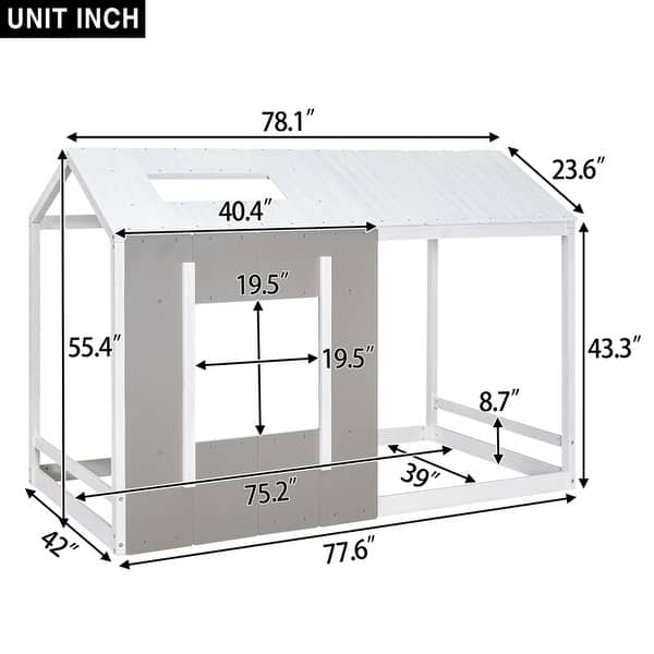 Twin Size House Platform with Roof and Window, White+Antique Grey