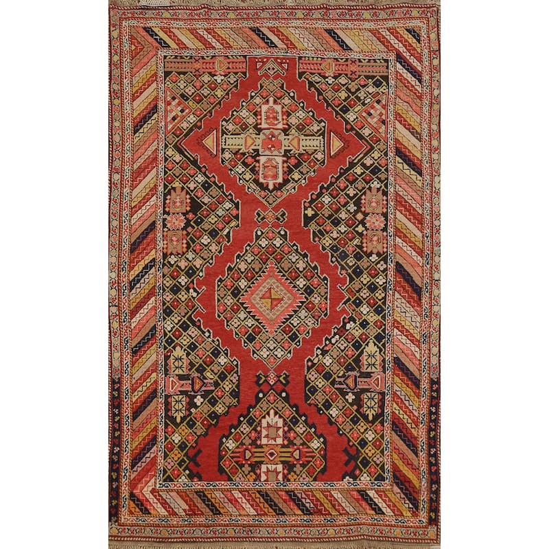 Hand Knotted Oriental 100% Wool Carpet Traditional Geometric Red Kazak Area Rug - 7' 7'' X 4' 2''