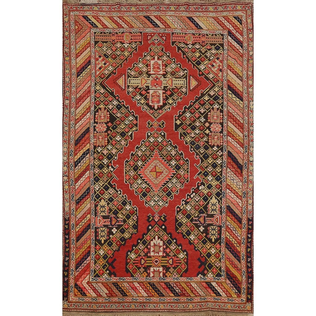 Hand Knotted Oriental 100% Wool Carpet Traditional Geometric Red Kazak Area Rug - 7' 7'' X 4' 2''