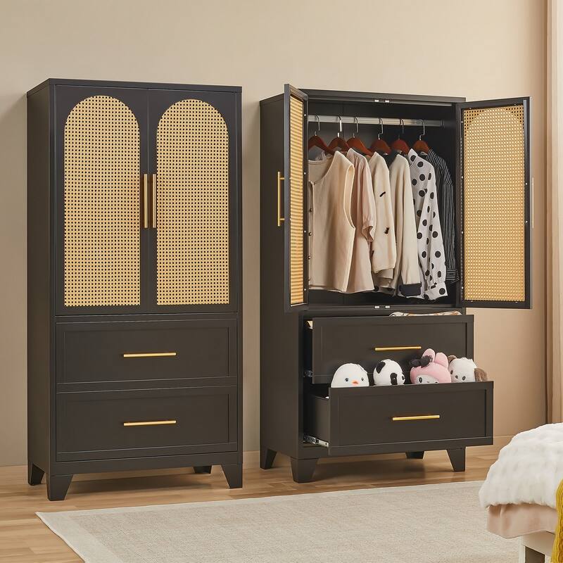 Rattan Armoire Wardrobe Closet Cabinet with Drawer & Hanging Rod - 65"H x 31.5"W x 17.7"D