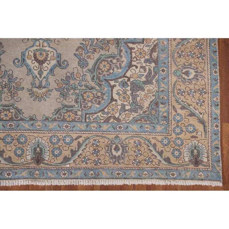 Hand Knotted Oriental 100% Wool Carpet Traditional Floral Beige & Ivories Tabriz Area Rug - 9' 5'' X 6' 5''
