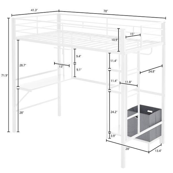 dimension image slide 0 of 2, Twin Size Metal Loft Bed with Desk and Storage Shelves, Full-length Guardrails