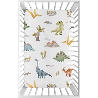 Sweet Jojo Designs Watercolor Dinosaur Dino Boy Fitted Mini Portable Crib Sheet Green Blue White Modern Jurassic Animal Nature