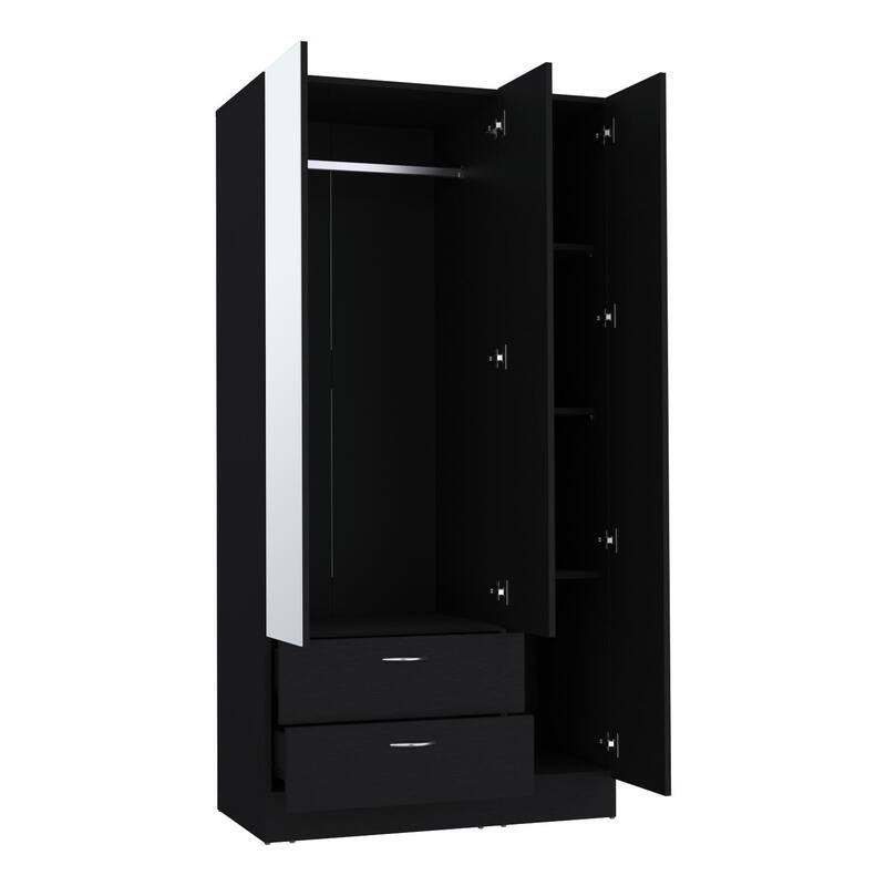 18.9" Modern Armoire with Mirror, Two Drawers and Hanging Rod for Bedroom