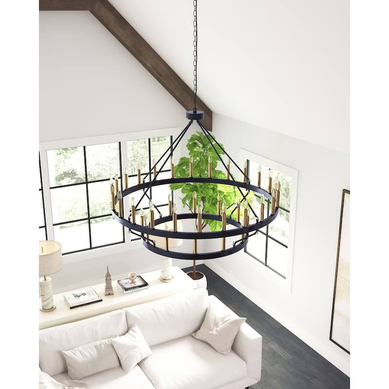 48" Black 36-Light Wagon Wheel Gold Candle Style Industrial 2-Tier Round Chandelier