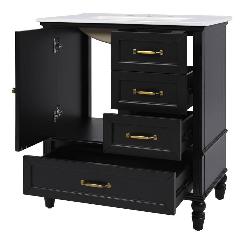 30" Bathroom Vanity with Ceramic Sink Combo, Freestanding Bathroom Vanity Cabinet with 1 Door and 3 Storage Drawers