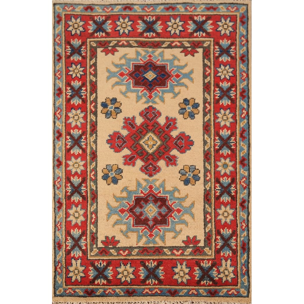 Geometric Kazak Foyer Rug Hand-Knotted Traditional Wool Carpet - 2'0" x 3'0"