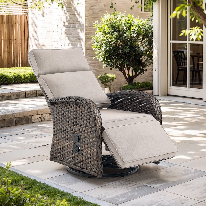 Meyreso 2-Piece Wicker Swivel Reclining Chaise Lounge with Adjustable Backrest & Footrest - Beige-Single Chaise