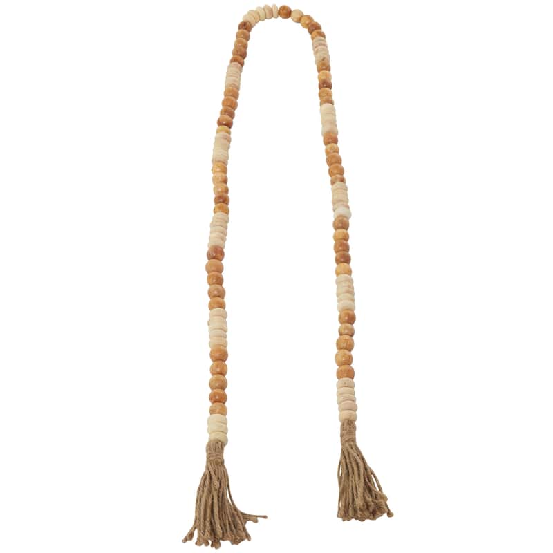 Brown Mango Wood Handmade Round Long Carved Beaded Garland with Tassel