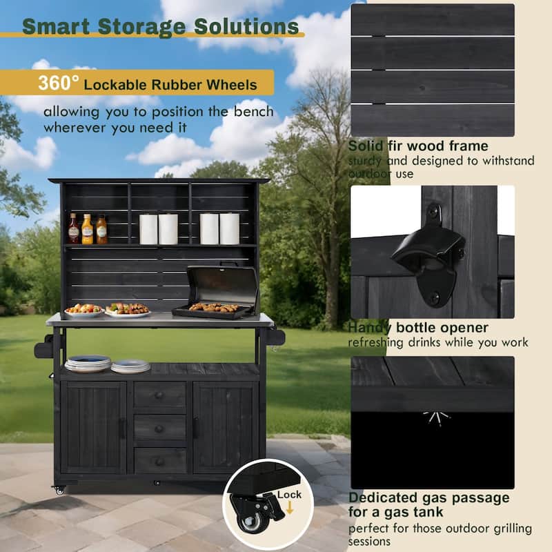 65''H Outdoor Potting Bench Garden Storage Table w/Lockable Wheels, Drawers, Cabinets & Side Hooks - N/A