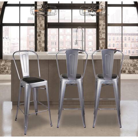 High Back Metal Barstool with Black/Brown Leather Cushion-Set of 2