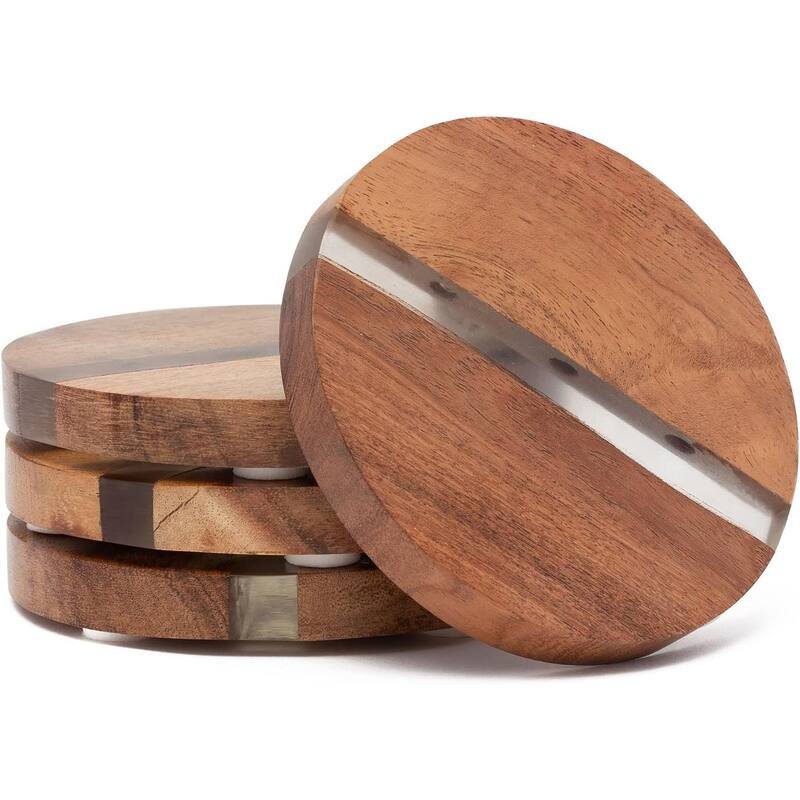4 Pack Round Acacia Wood Absorbent Coasters with Decorative Resin Inlay Strong Durable Absorbent - Multi