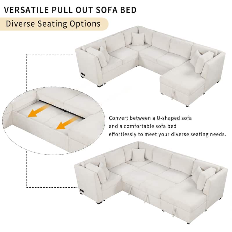 Roomfitters 108.6" U-Shaped Sectional Sofa Pull-Out Sofa Bed with USB Ports, Power Sockets, Back Pillows, Beige
