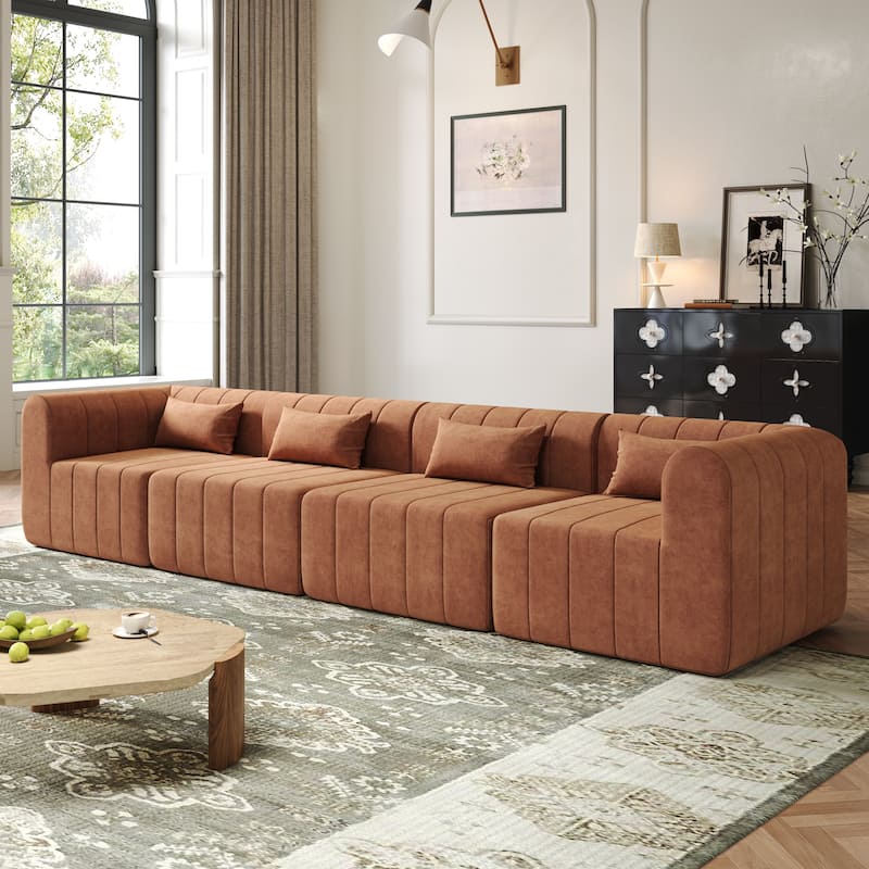 145.5" Modular Sofa Couch, Modern Sectional Sofa for Living Room, Polyester Upholstered Cloud Couch with Deep Seat - Orange Multi