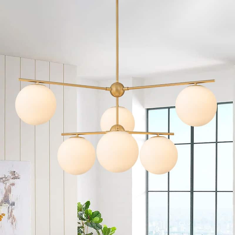 Mid-century Modern Milky White Layered Sputnik Glass Globe Chandelier - 43.3in - Brushed Gold
