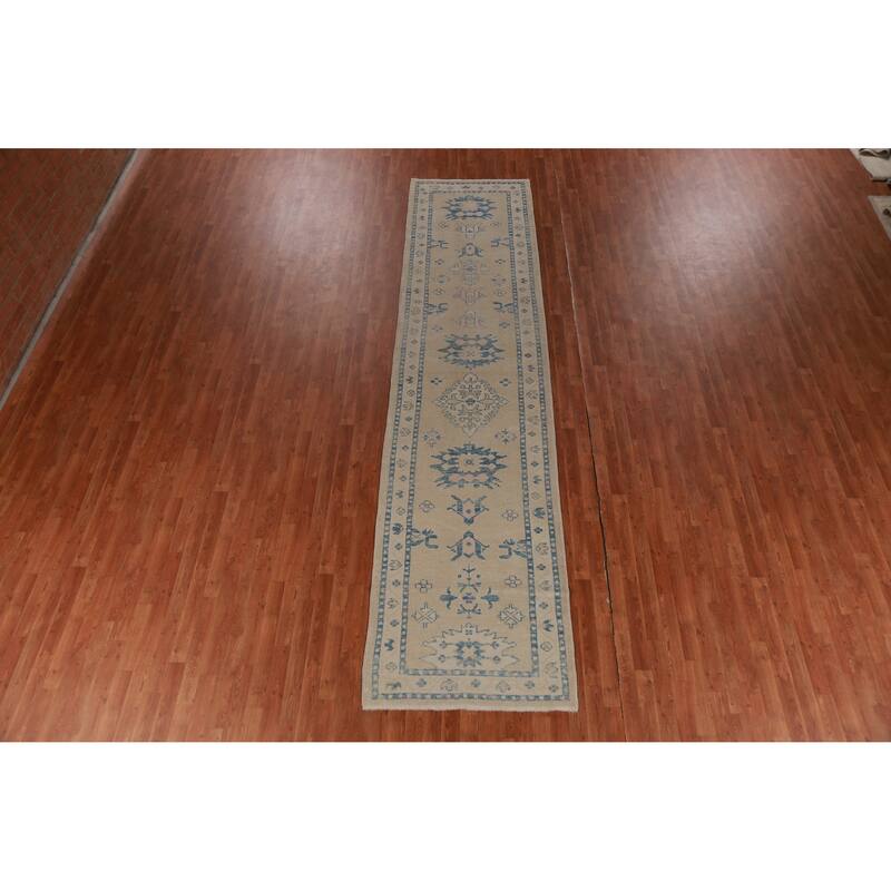 Hand Knotted Oriental 100% Wool Carpet Transitional Geometric Beige & Ivories Oushak Runner Rug - 14' 2'' X 3' 4''