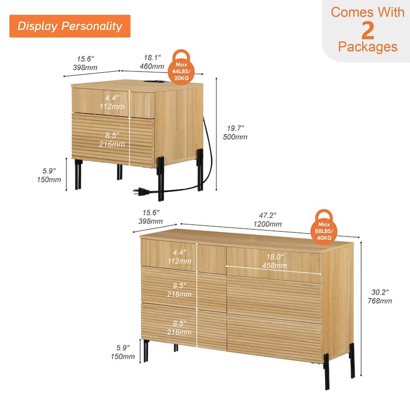 WAMPAT 2 Pcs Bedroom Set, 6 Drawer Dresser And Nightstand Set For Bedroom,Hidden Handles, Reed Pattern & Double Chopsticks Legs