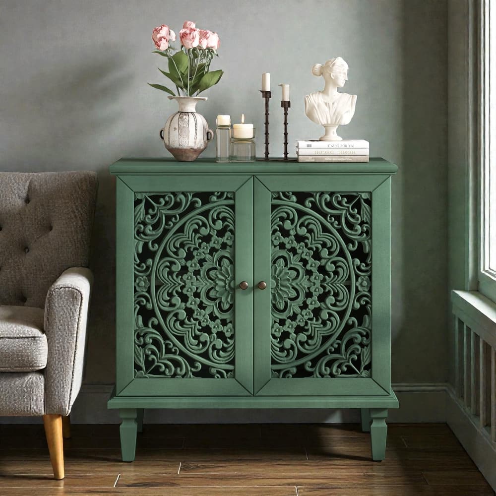 Vintage Hollow-Carved 2-Door Accent Cabinet with Floral Design, Adjustable Shelf and Solid Wood Legs, 31.5'' Sideboard