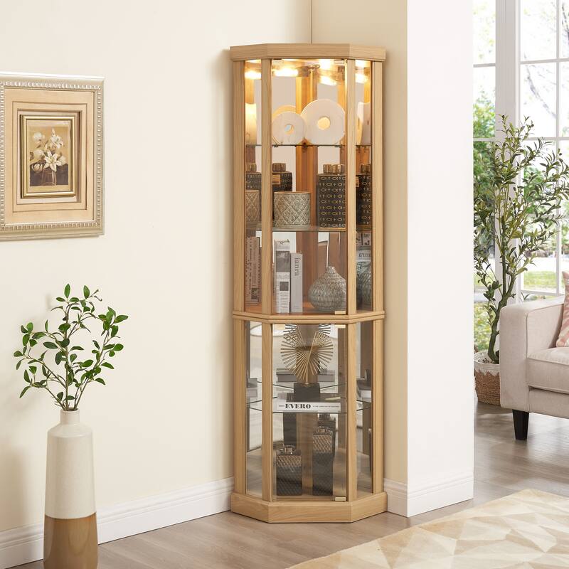 Lighted Corner Curio Cabinet - Elegant Glass Display Case for Living Room & Bar Storage - Perfect for Antique Collections & Wine - Oak