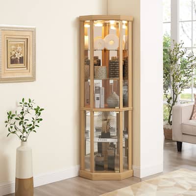 Lighted Corner Curio Cabinet - Elegant Glass Display Case for Living Room & Bar Storage - Perfect for Antique Collections & Wine