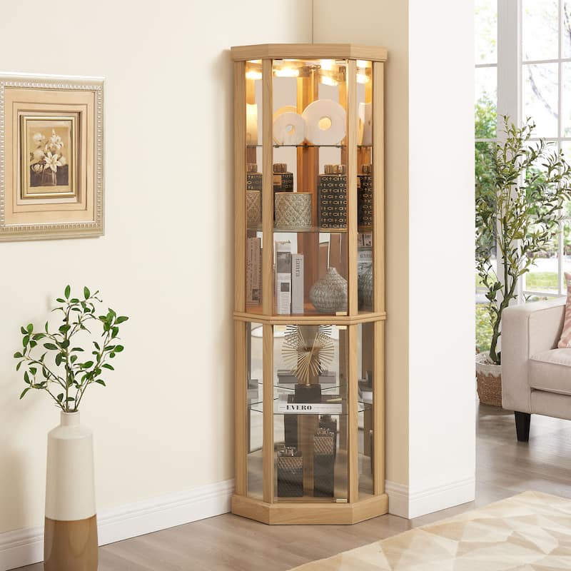 Vintage Display Case with Adjustable Glass Shelves and Lighting System for Living Room, Kitchen