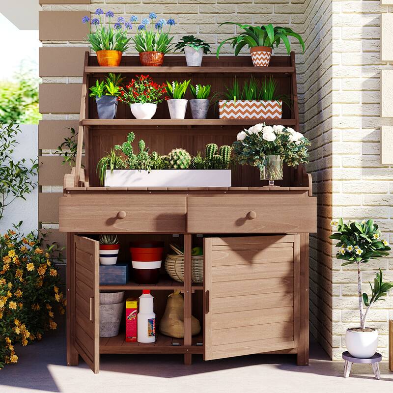 Outdoor Potting Bench Table, Gardening Workstation with Open Storage Shelves, Fir Wood Workstation with 2 Drawers and Cabinet