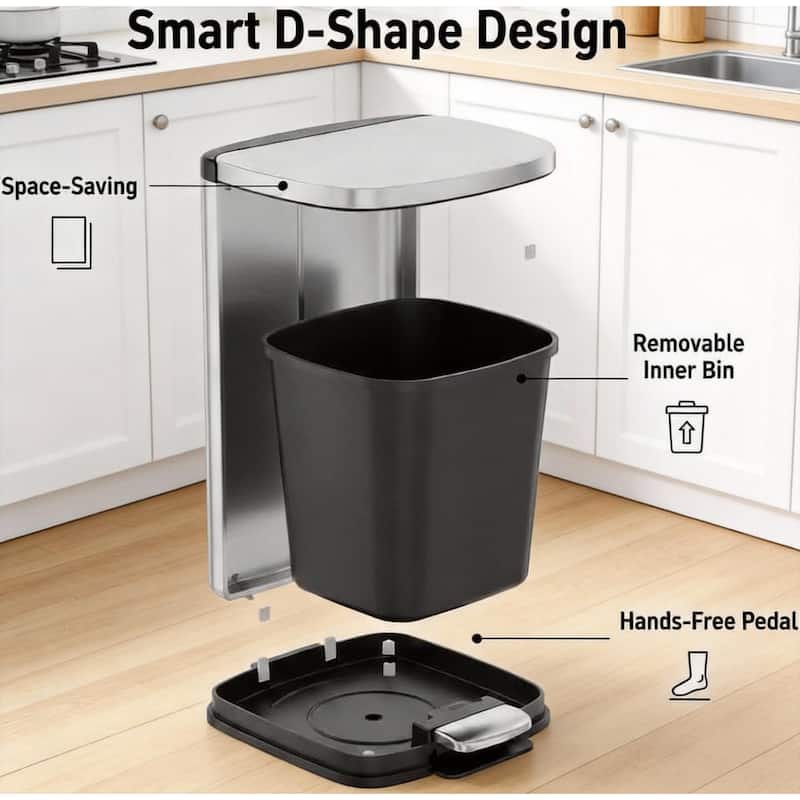 50L / 13.2 Gallon D-Shaped Stainless Steel Step Trash Can