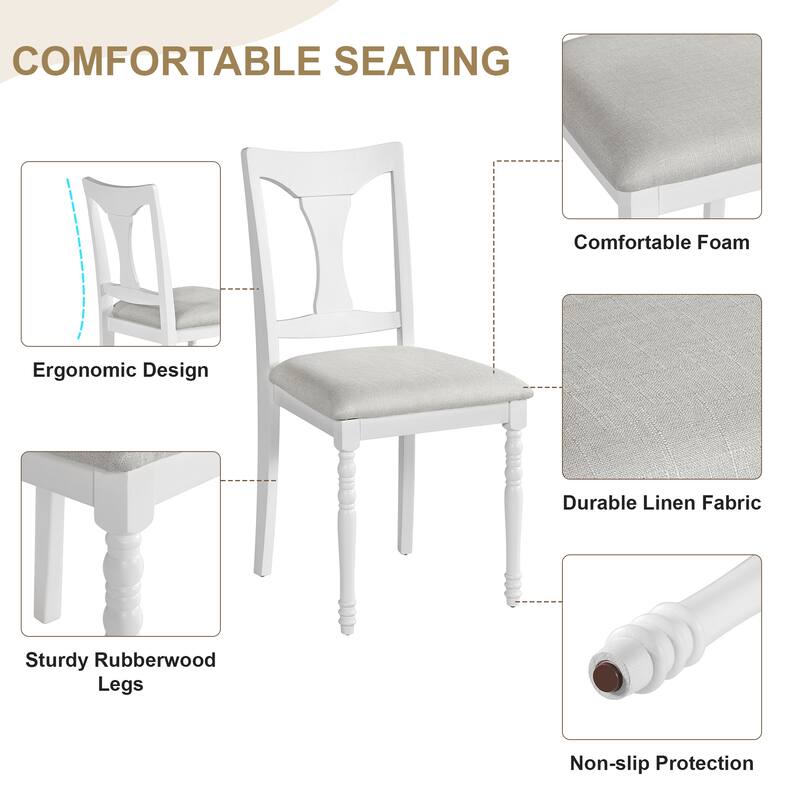 Roomfitters 7-Piece Extendable Dining Table Set, 60-78 Inch Farmhouse Wood Table with Leaf & 6 Upholstered Chairs