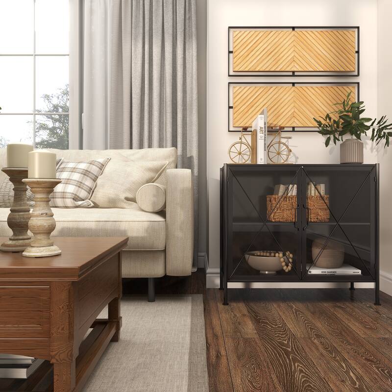 Brown Wooden Handmade Linear Carved Geometric Home Wall Decor with Black Frame (Set of 2)