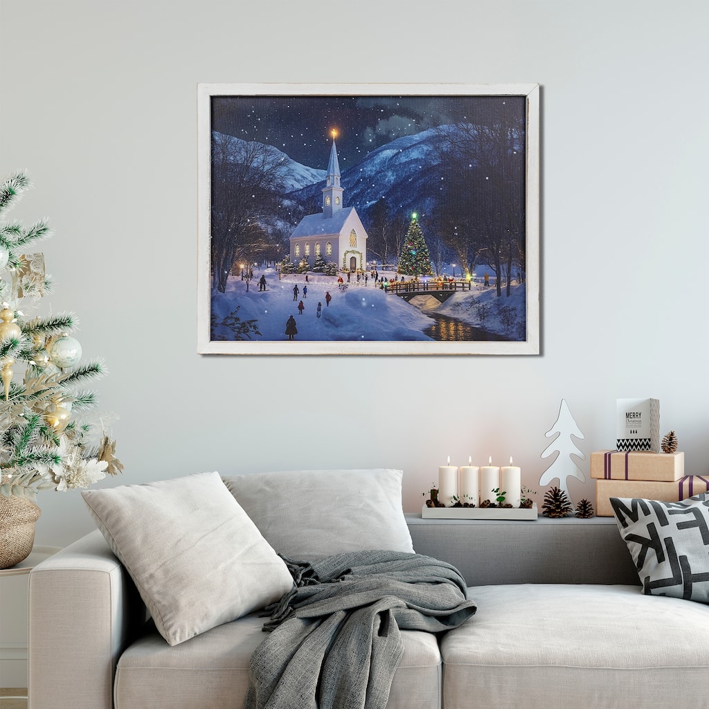 LED Lighted Church at Night Framed Christmas Canvas Wall Art 19" x 15"