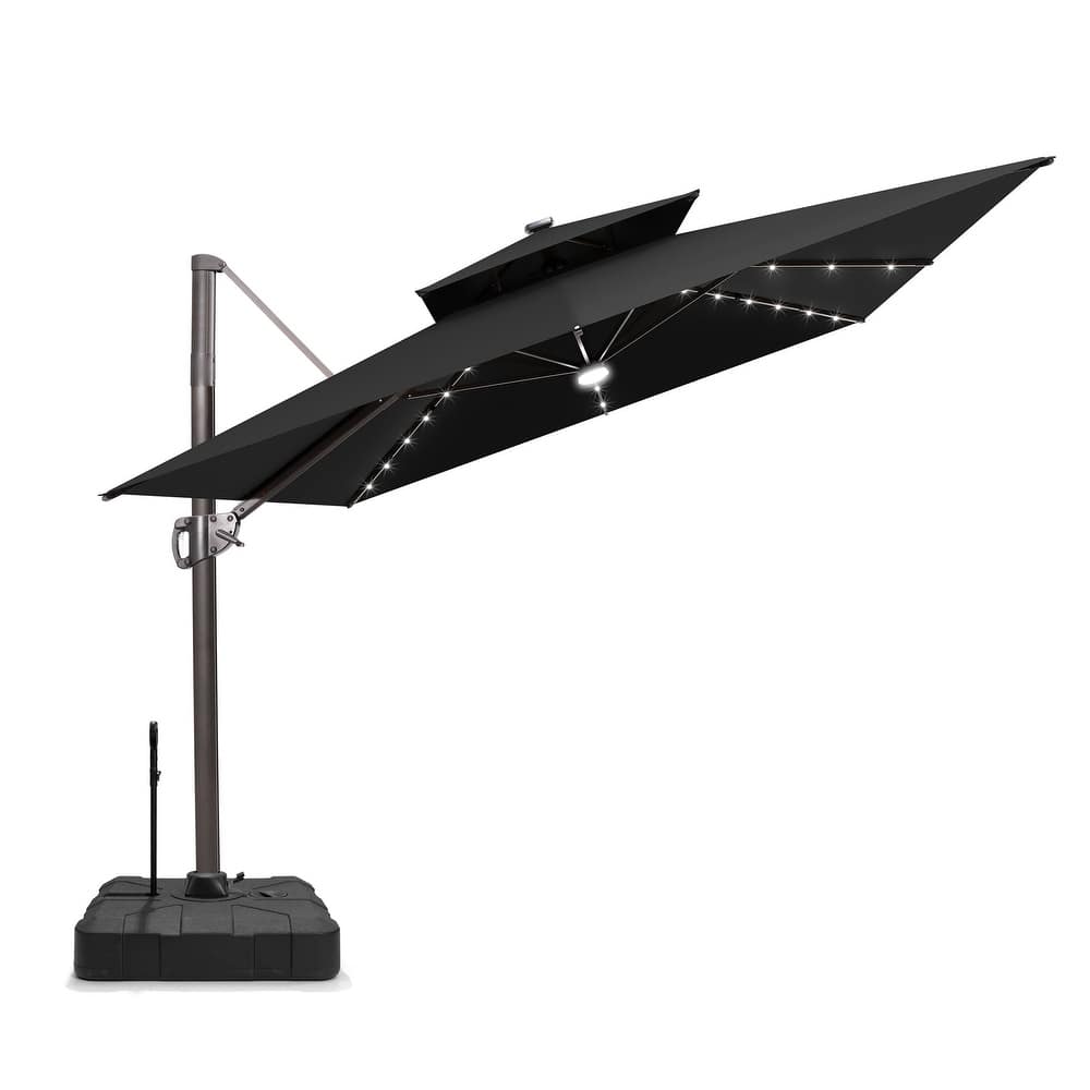 Pellebant 9x11 FT Outdoor Patio Double Top Cantilever Umbrella Solar LED Lighted with Rod Base