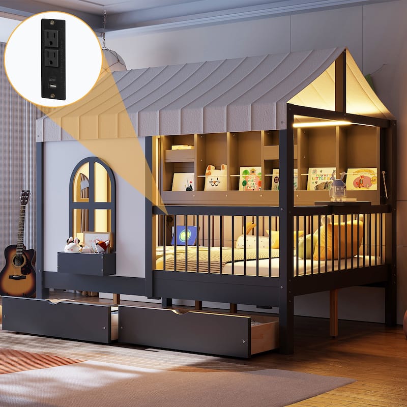 Full Size Kids House Bed with 2 Storage Drawers, Side Bookshelf with LED Strip, Guardrails and Charging Station