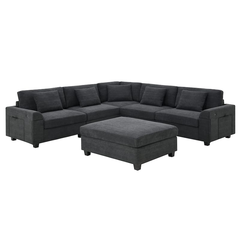 Chenille Sectional Sofa with Hidden Armrest Storage, Cup Holders, USB Charging Ports and Oversized Ottoman Chaise Lounge