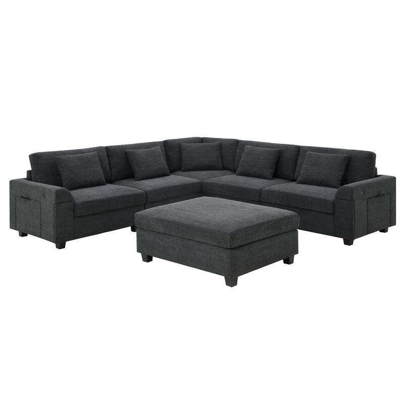 U Shaped Sectional Sofa with Ottoman, Chenille 6 Seater Sofa with Hidden Armrest Storage, Cup Holders & USB Charging Ports