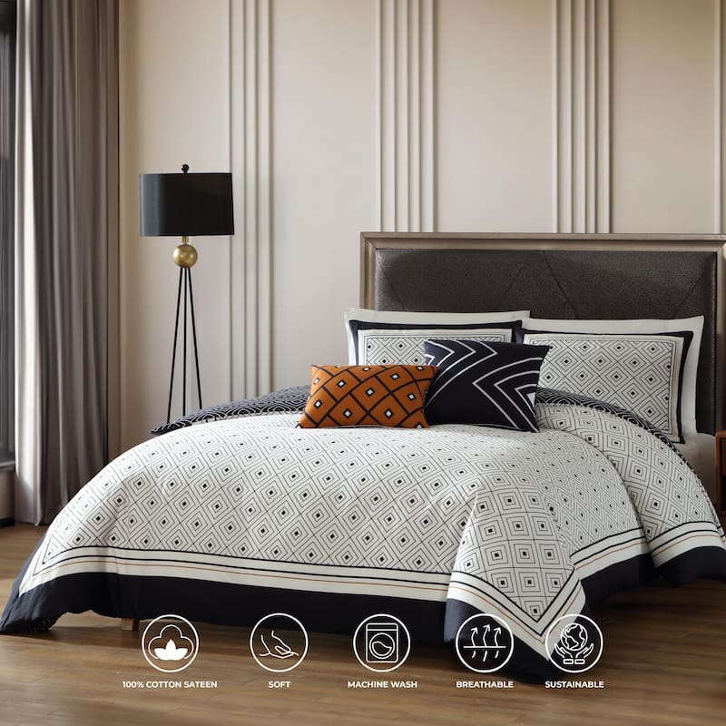 Bebejan Geometric Black & White 200 Thread Count 100% Cotton Sateen 5 Piece Reversible Comforter Set