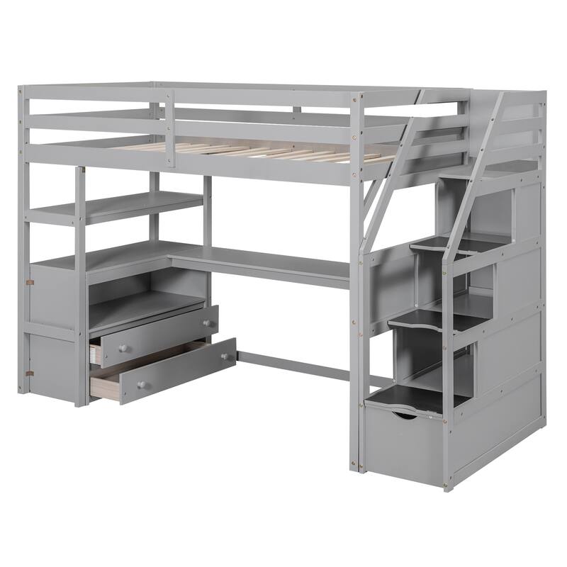 Stairway Loft Bed with L Shape Built-in Desk, Solid Wood High Loft Bedframe w/Shelves, Two Tier Drawers and Storage Staircase