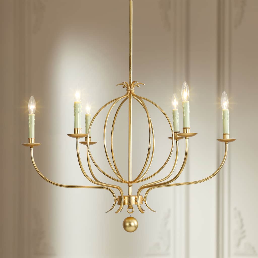 6-Light Mid-Century Modern Linear Sputnik Gold Leaf Chandelier for Living/Dining Room - 33.4 in. W x 37.8 in. H