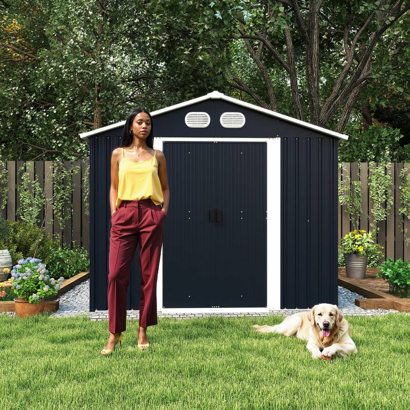 8x12 FT Outdoor Metal Storage Shed, Large Storage Sheds with Sturdy Frame Structure, Metal Garden Tool Shed with Lockable Door