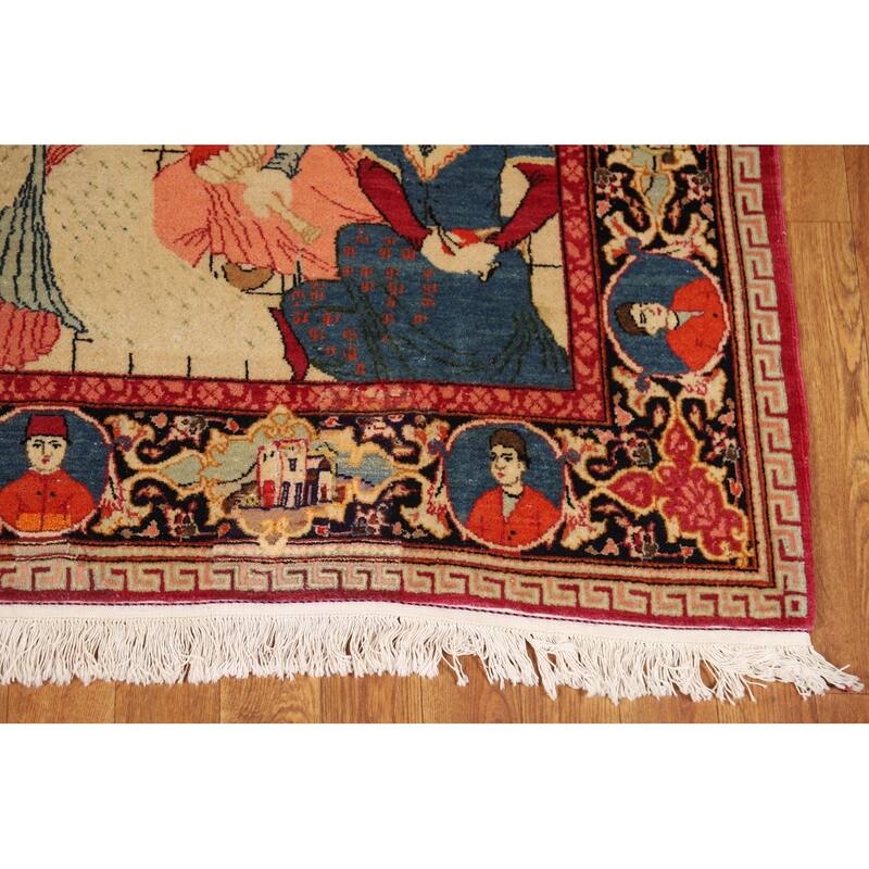 Pre-1900 Antique Pictorial Kashan Persian Rug Handmade Wool Carpet - 4'2"x 7'0"