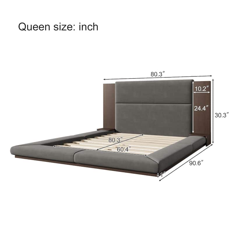 Upholstered Grounded Platform Bed with Extendable Wood Headboard, Velvet Floor Bed Frame w/Bedside Shelves, No Box Spring Needed
