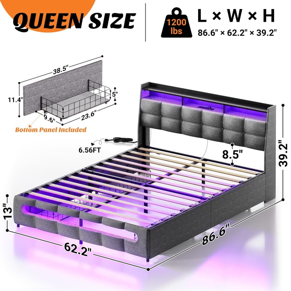 Bed Frame with Upholstered Headboard and 4 Drawers,Plateform Bed with Charging Station and RGB LED Lights