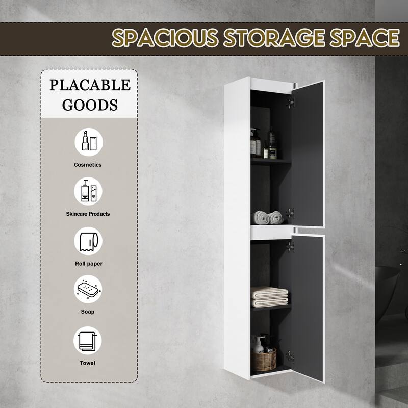Modern Wall-Mounted Bathroom Side Cabinet with Soft-Close Doors, Floating Design, 6 Storage Compartments, 12-Inch Width